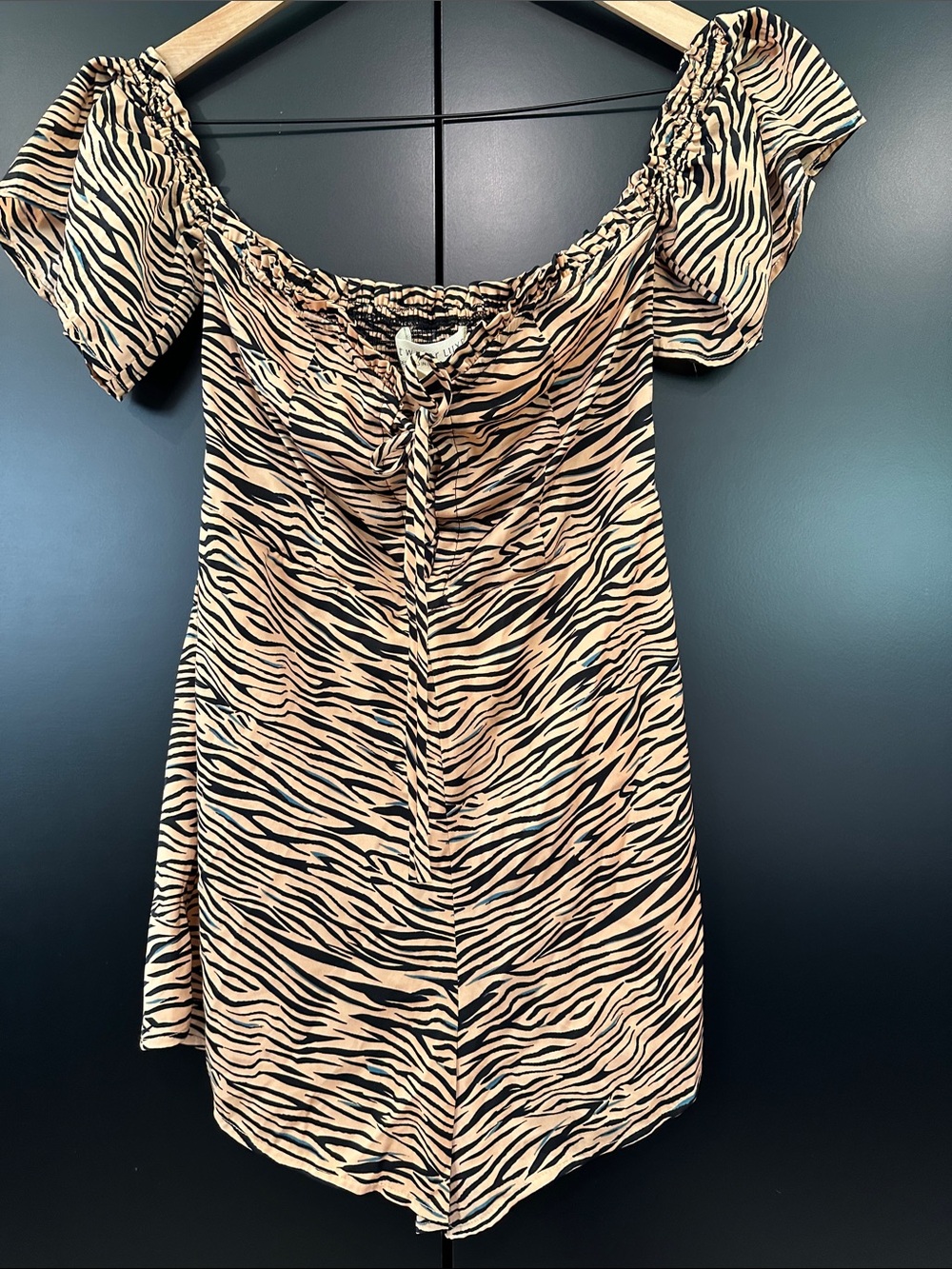 Saltwater Luxe Tiger Print Romper Tan Black Anthropologie Smocked Tie Front S